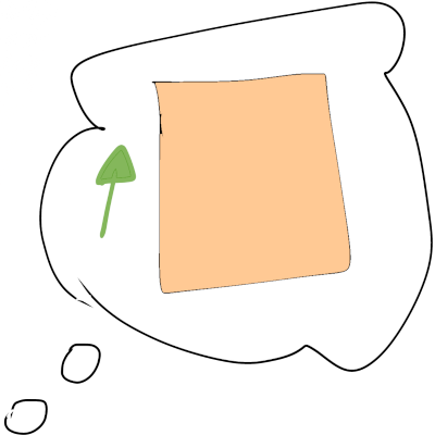 a thought bubble with a peach colored square and a green up arrow
